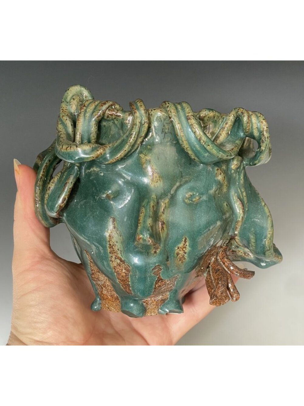 Vintage Studio Stoneware Art Pottery Medusa Nouveau Green Glazed Head Sculpture